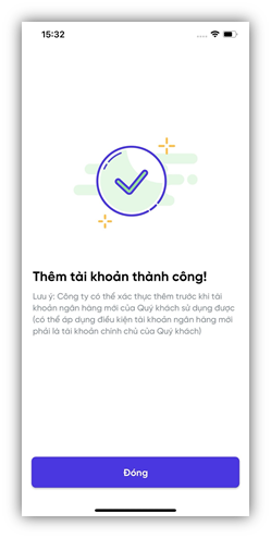 Màn hình thêm mới tài khoản thụ hưởng thành công