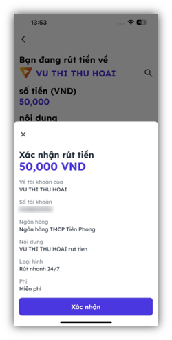 Màn hình xác nhận rút tiền