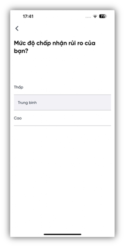 Màn hình chọn mức độ rủi ro