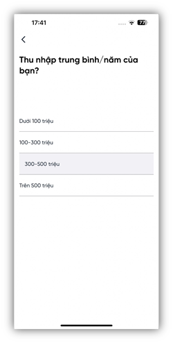 Màn hình chọn khoảng thu nhập trung bình