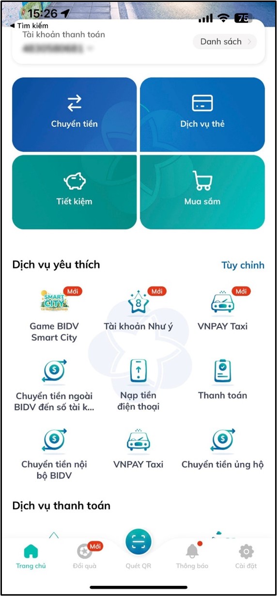 Màn hình app BIDV