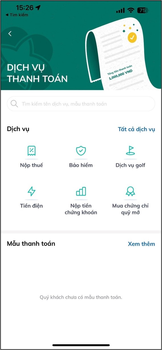 Màn hình chọn dịch vụ thanh toán trên app BIDV