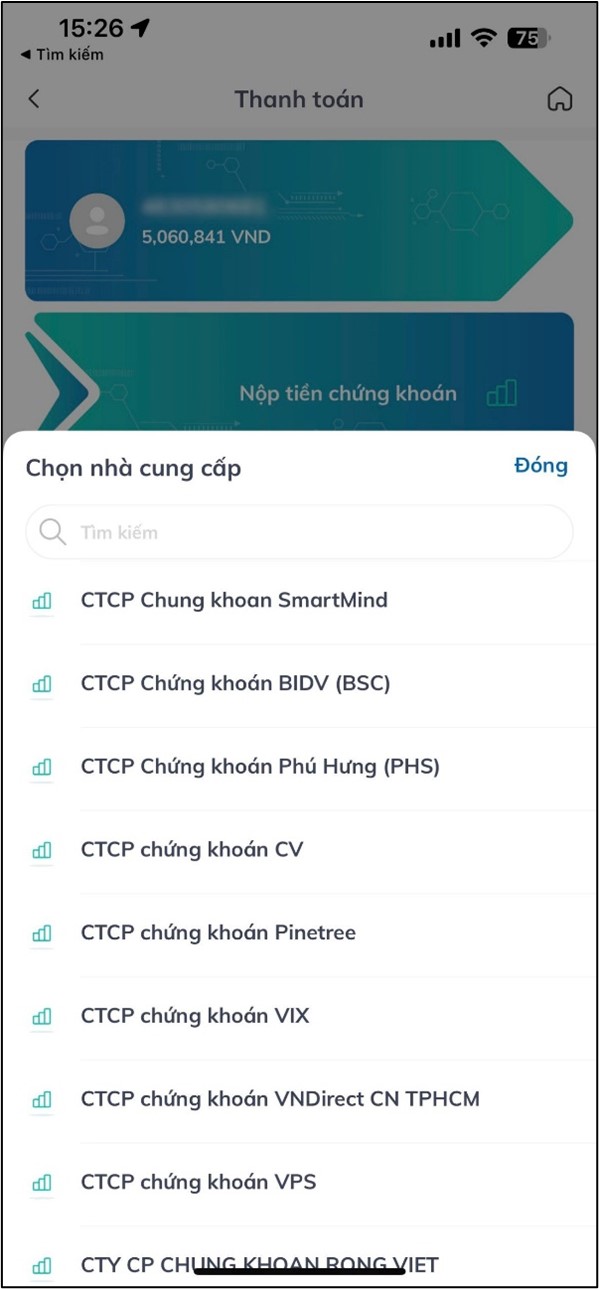 màn hình chọn nhà cung cấp từ app BIDV