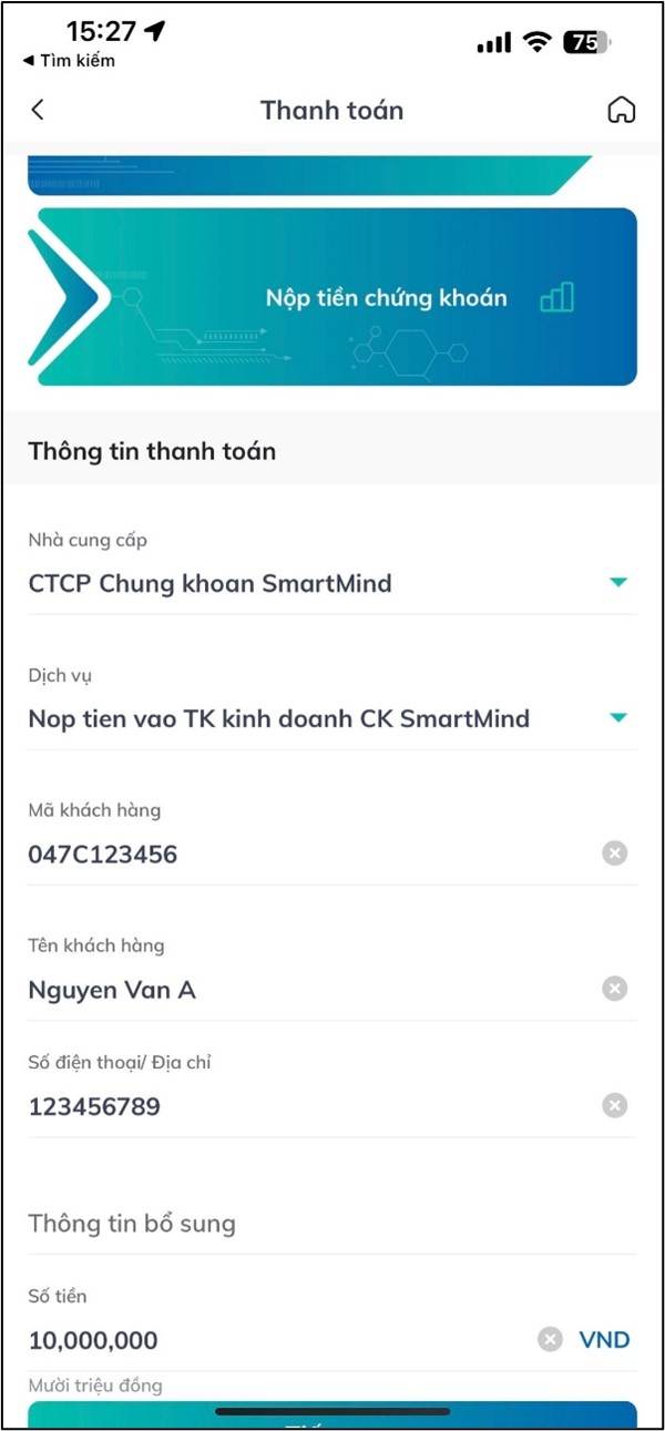 Màn hình thông tin thanh toán trên app BIDV